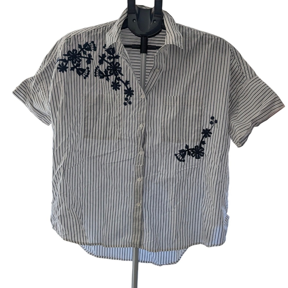 Madewell Central Shirt Blue White Stripe Floral Embroidered Button Down Small
